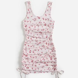 ✨️Ruched Summer Tank Dress drawstring side floral pink and white